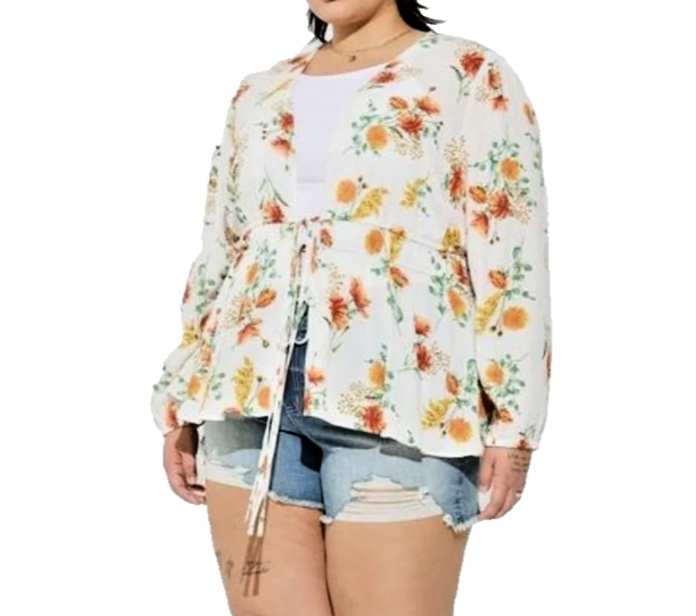 Torrid Top 3 Plus Size 3X White Orange Floral Gauze Tie Front Kimono Jacket